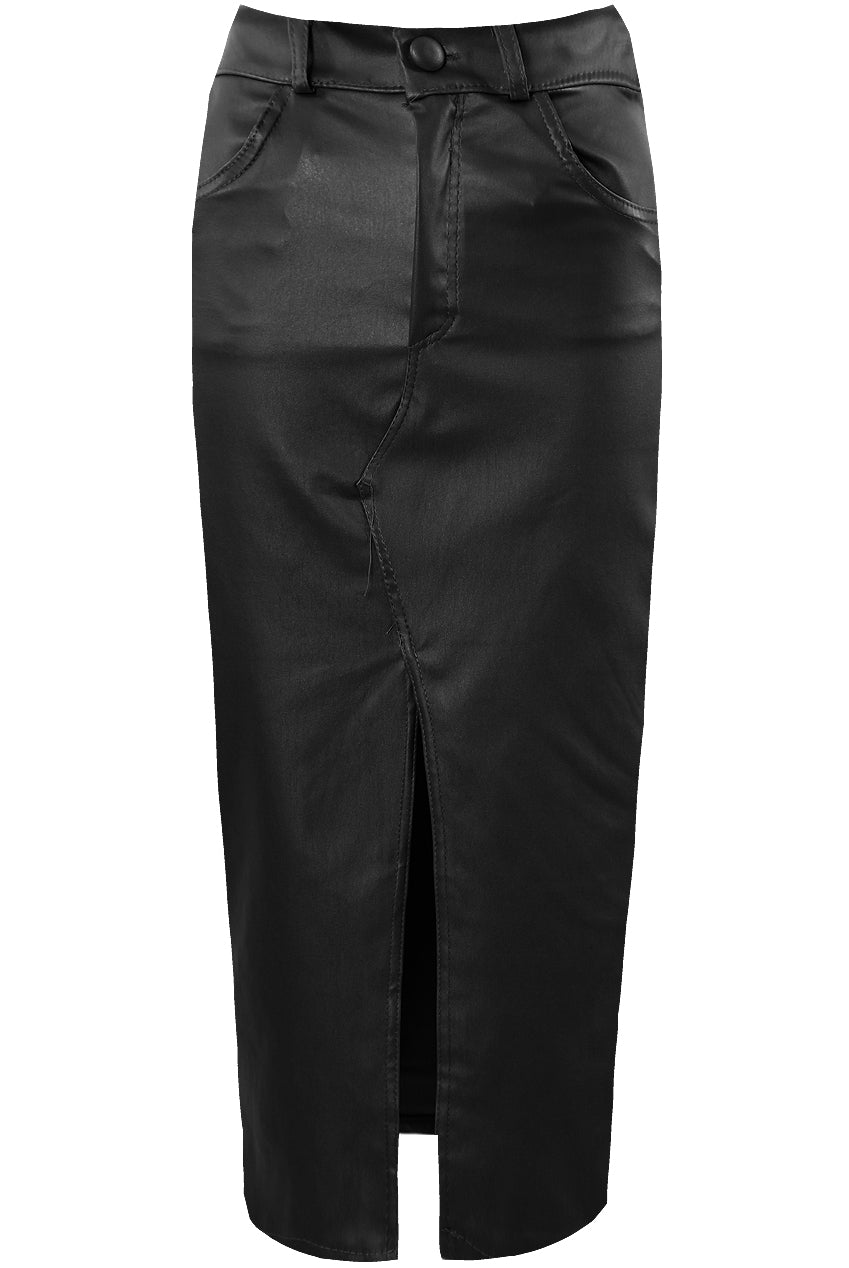 Wax Look Slit Midi Skirt