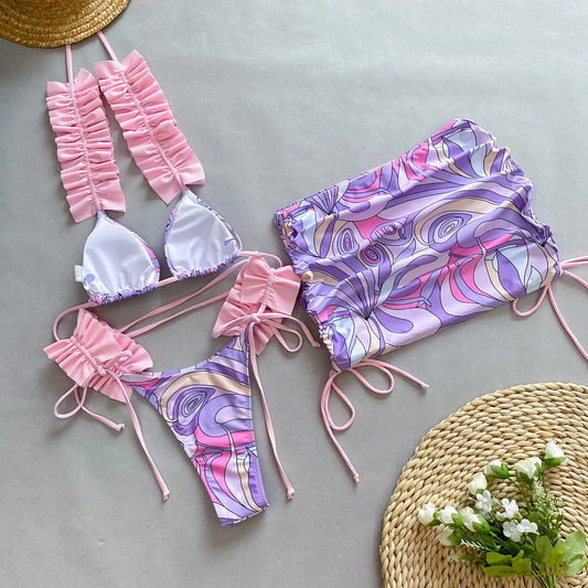 Three Piece Ruffle Bikini With Skirt Set