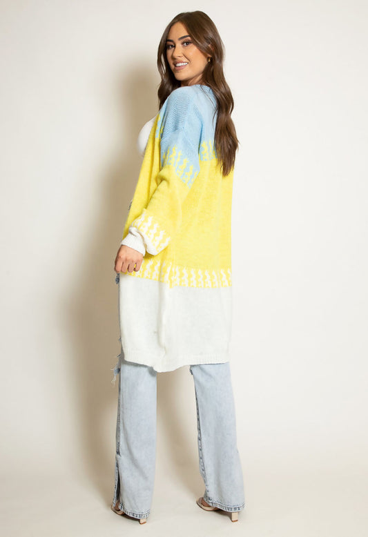 Blue Block Knit Longline Cardigan