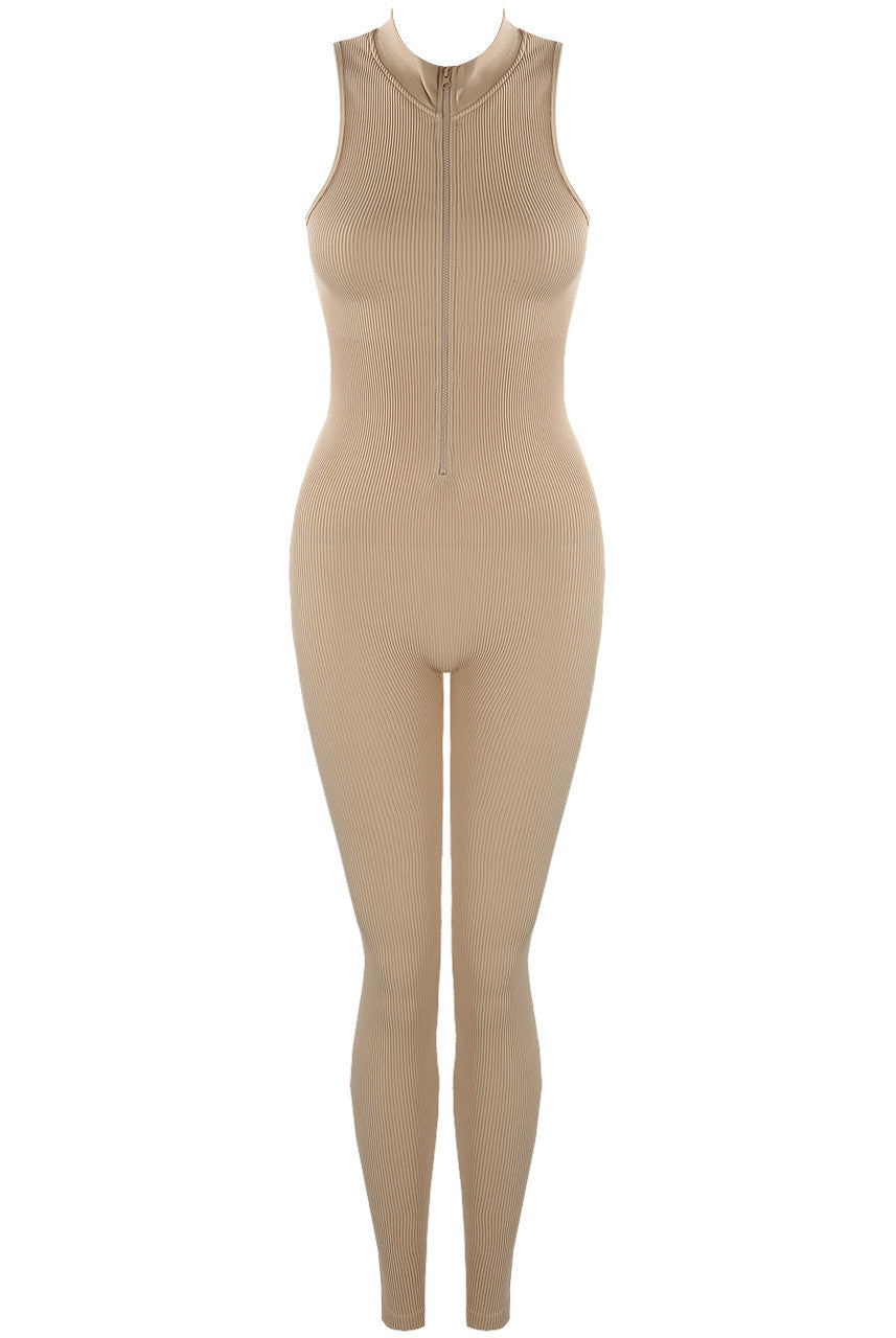 Zip Front Ribbed Sleeveless Unitard