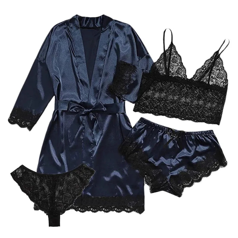 Satin Four Piece Pyjamas Set With Night Gown