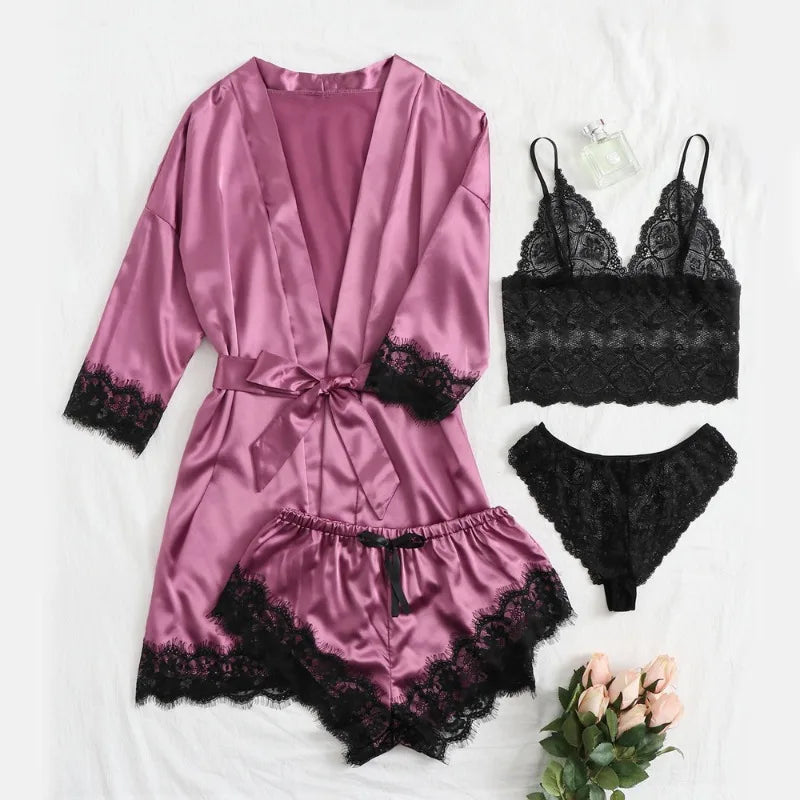 Satin Four Piece Pyjamas Set With Night Gown