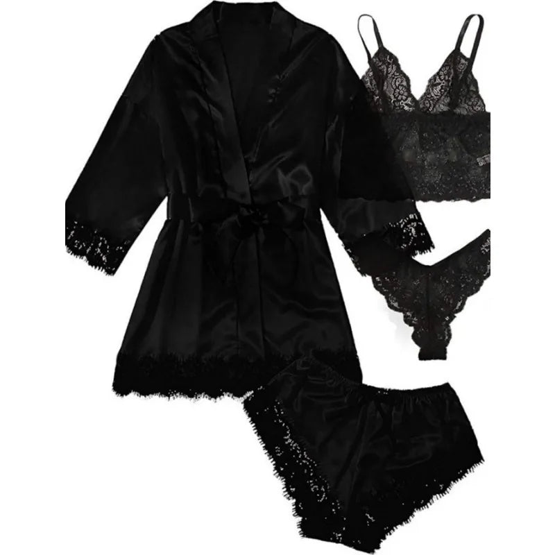 Satin Four Piece Pyjamas Set With Night Gown