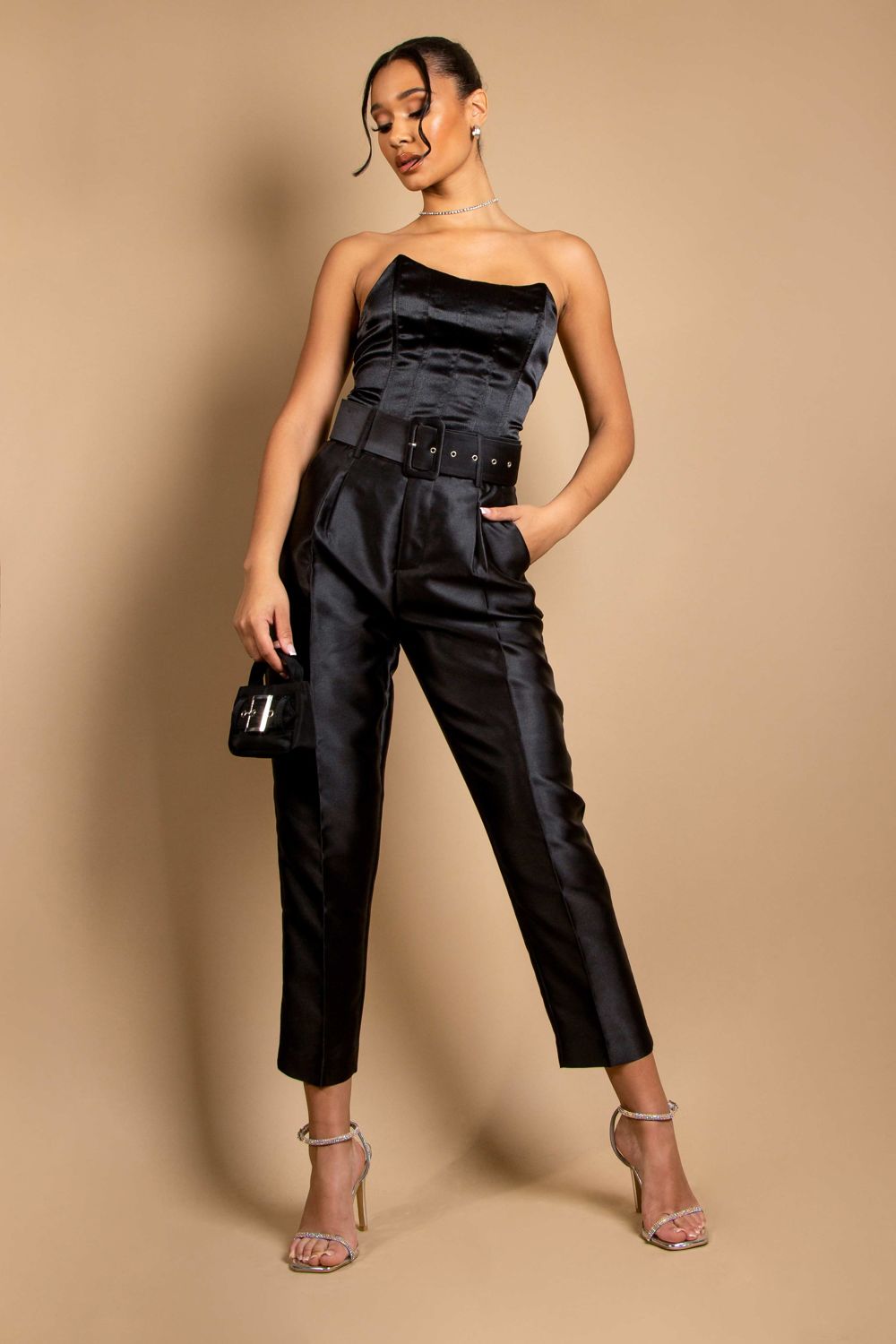 Black Shimmer Satin Belted Trousers