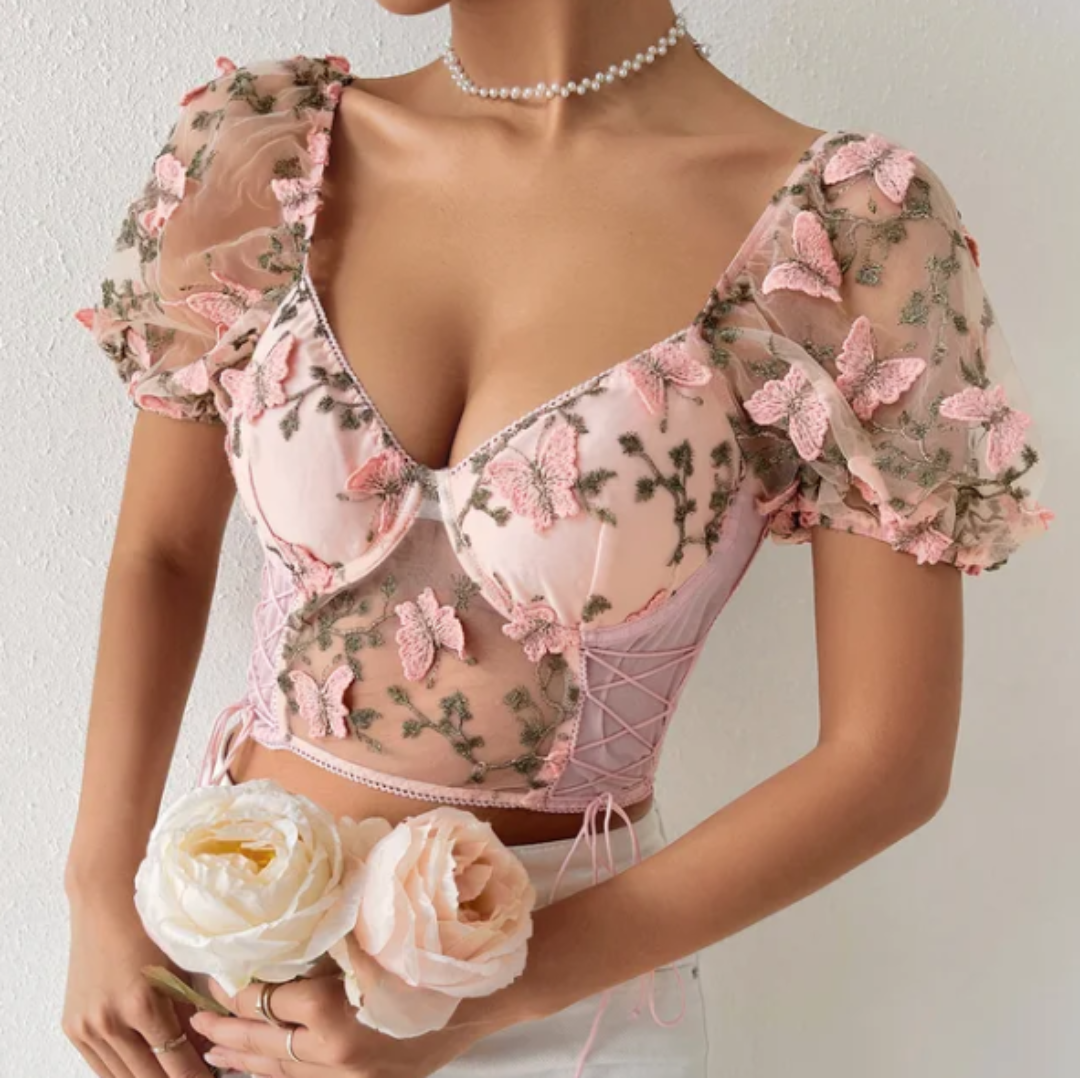 Butterfly Embroidery Puff Sleeve Cropped Corset Top