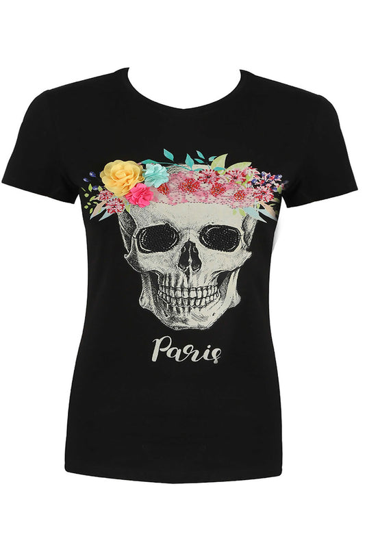 'PARIS' Slogan Skull Print Tee