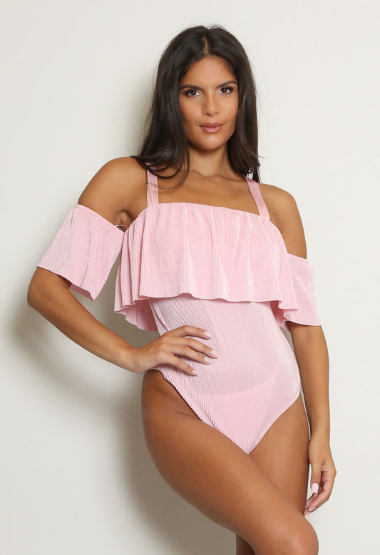 Rose Ribbed Off Shoulder Bodysuit