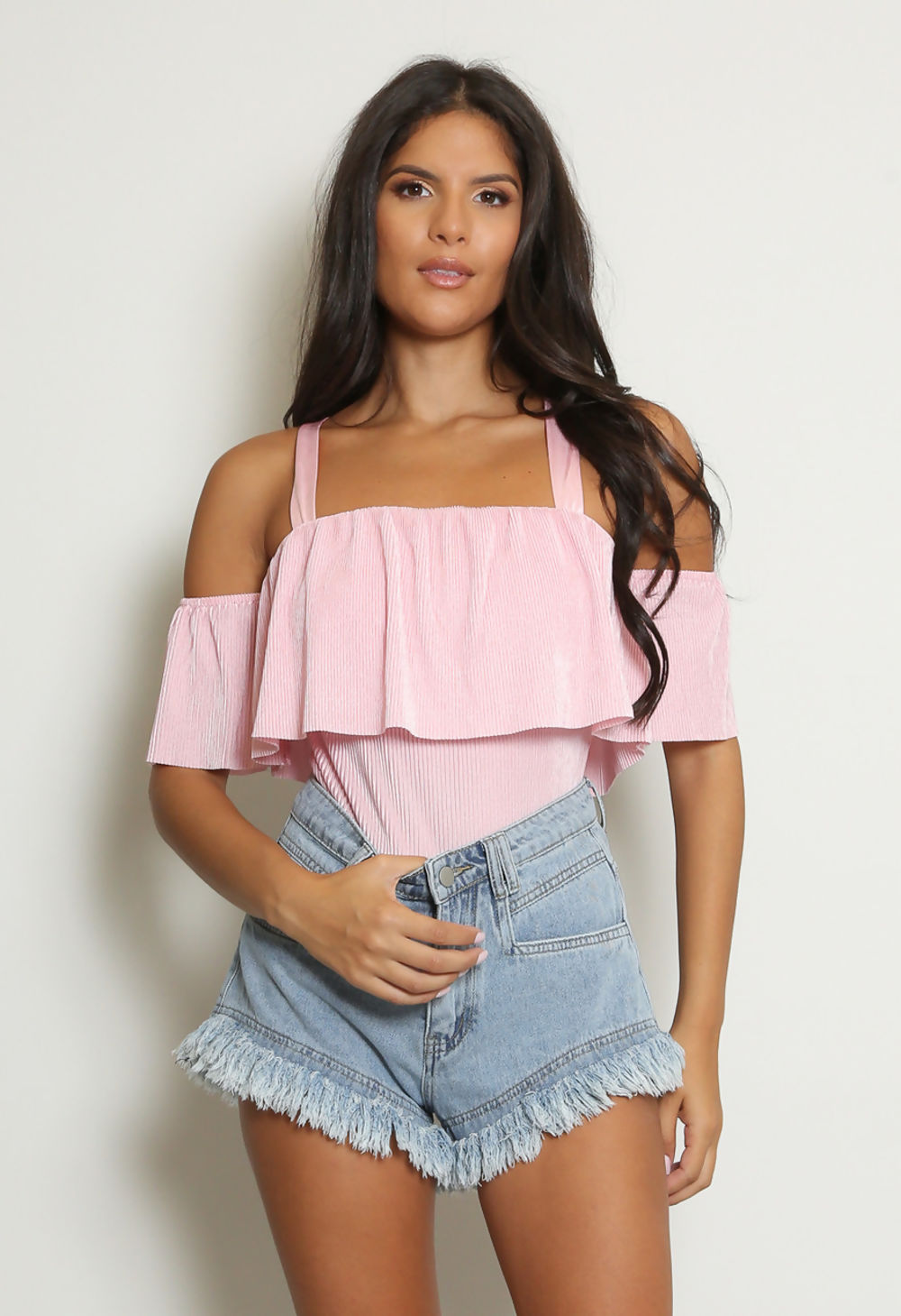 Rose Ribbed Off Shoulder Bodysuit