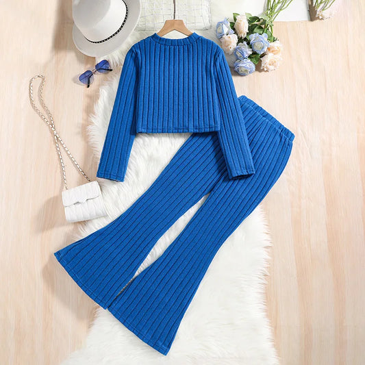 Long Sleeved Ribbed Top And Flared Pants Two Piece Set