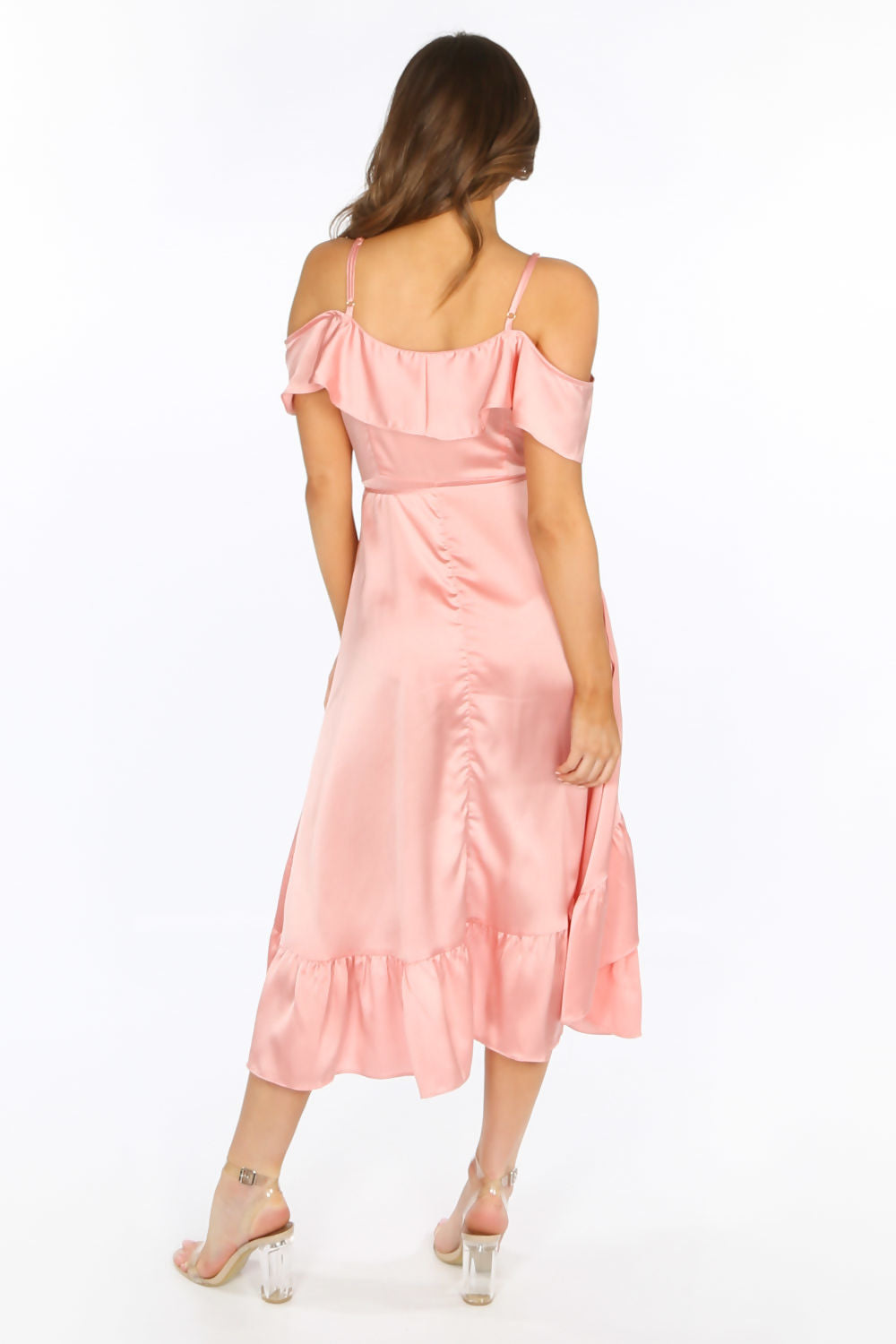 Cold Shoulder Satin Midi Wrap Dress