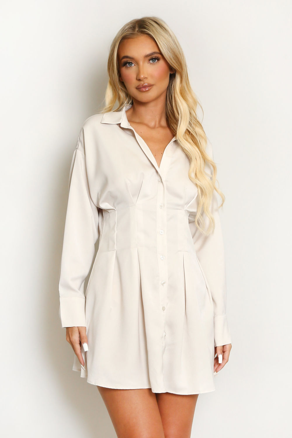 Beige Fitted Satin Shirt Dress