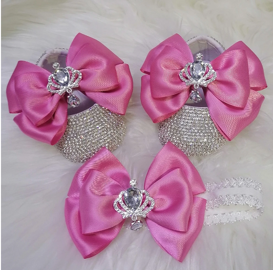 Handmade Big Bow Rhinestone Covered Princess Shoes With Matching Headband