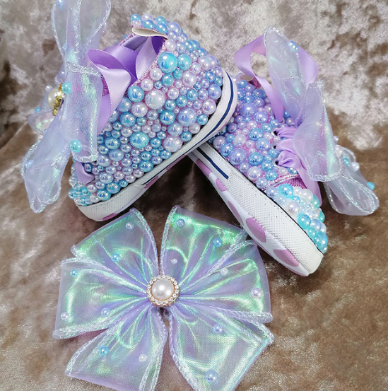 Handmade Bow Pearl Rhinestones Baby Girls Princess Shoes With Headband