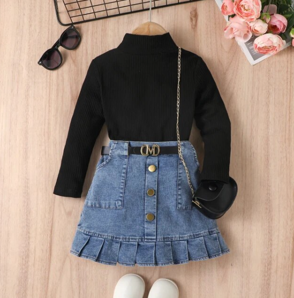 Girls Ribbed High Neck Long Sleeved Top With Denim Pleated Skirt And Belt