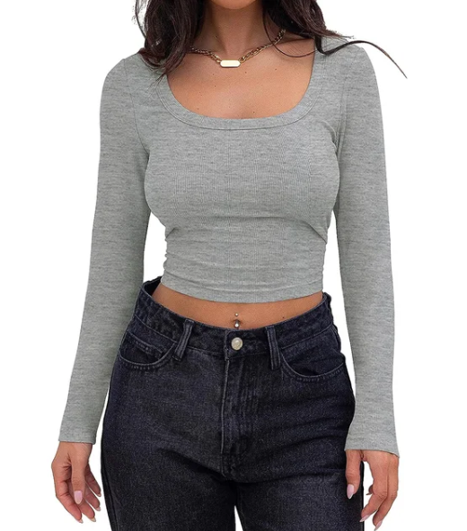 Ribbed Long Sleeve Square Neck Crop Top