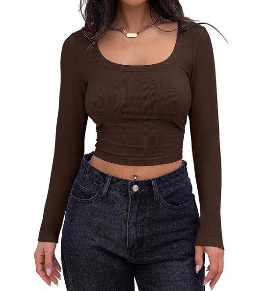 Ribbed Long Sleeve Square Neck Crop Top