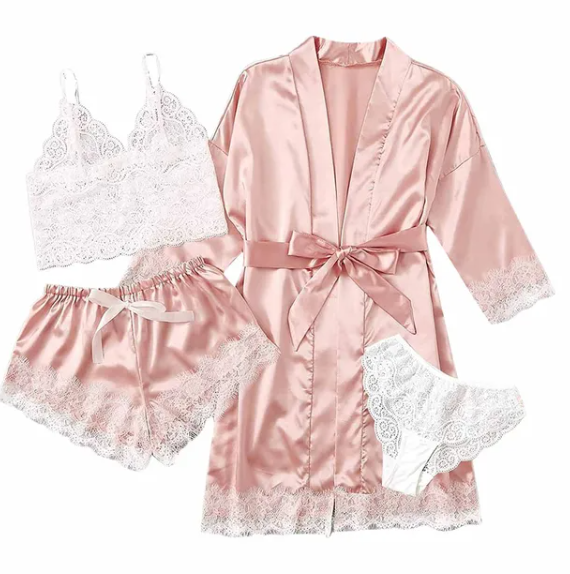 Satin Four Piece Pyjamas Set With Night Gown