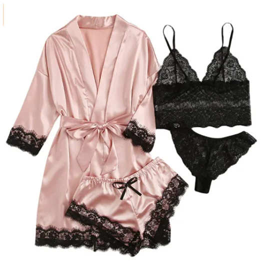 Satin Four Piece Pyjamas Set With Night Gown