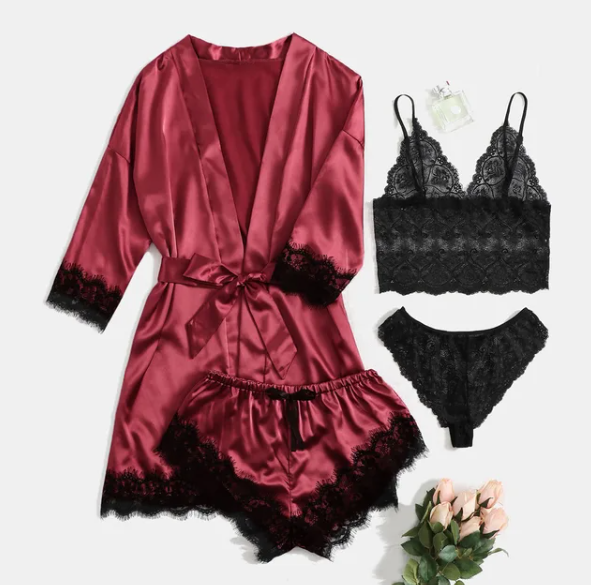 Satin Four Piece Pyjamas Set With Night Gown