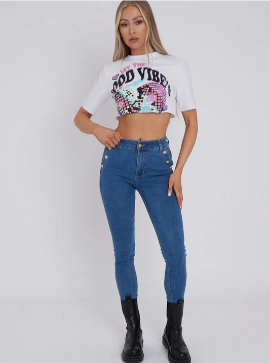 Disco Ball "Good Vibes" Graphic Printed Crop Top