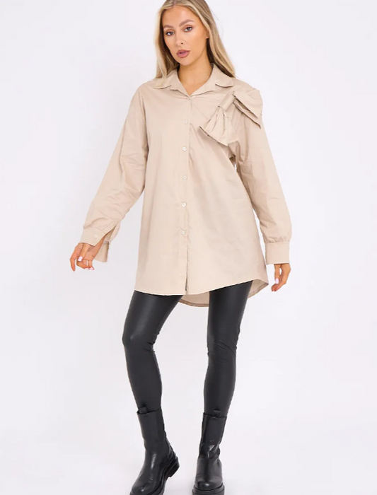 Bow Detail Oversized Buttoned Mini Shirt Dress