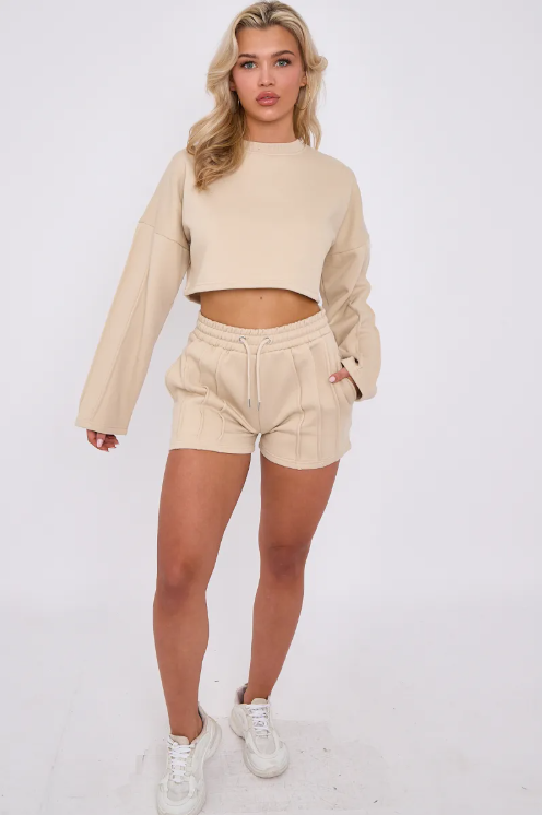 Seam Detail Oversized Crop Top & Shorts Fleece Co-ord