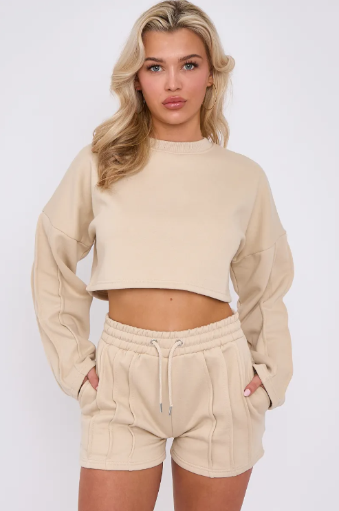 Seam Detail Oversized Crop Top & Shorts Fleece Co-ord