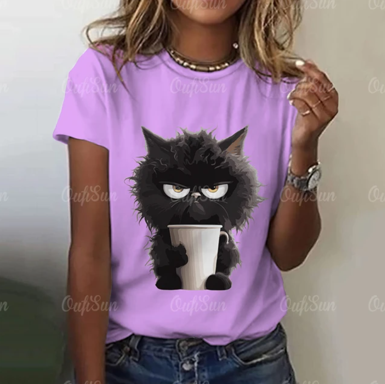 Angry Cat Print T-Shirts