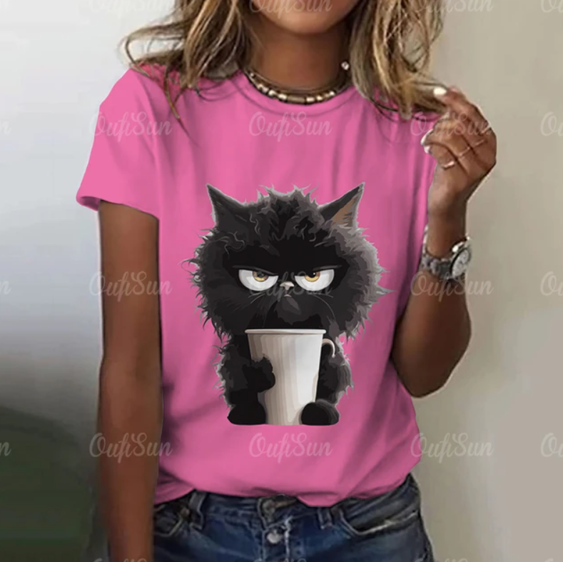 Angry Cat Print T-Shirts