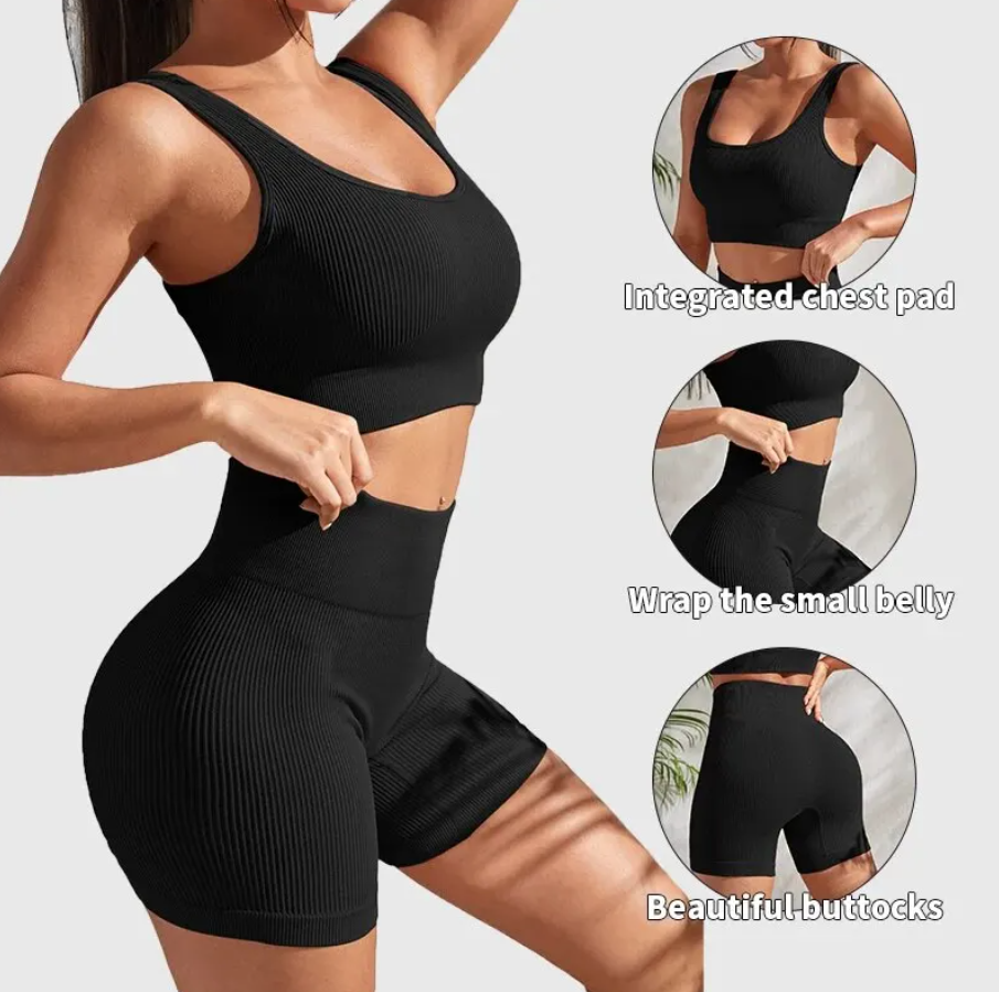 Ribbed Two Piece Gym Crop Top And High Waist Shorts Set