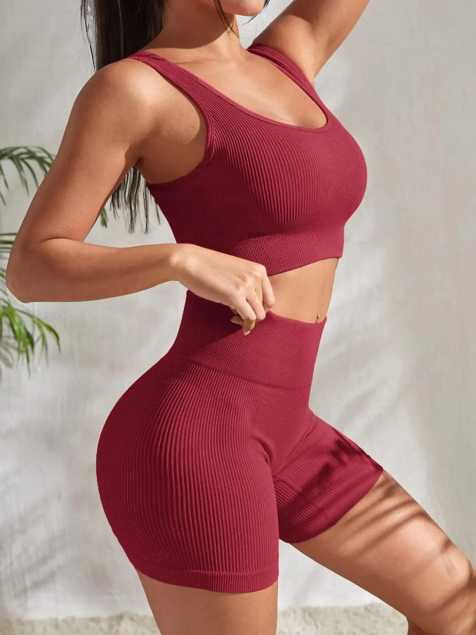 Ribbed Two Piece Gym Crop Top And High Waist Shorts Set