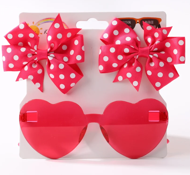 3 Piece Set - Polka Dot Hair Bows With Heart Shaped Sun Glasses