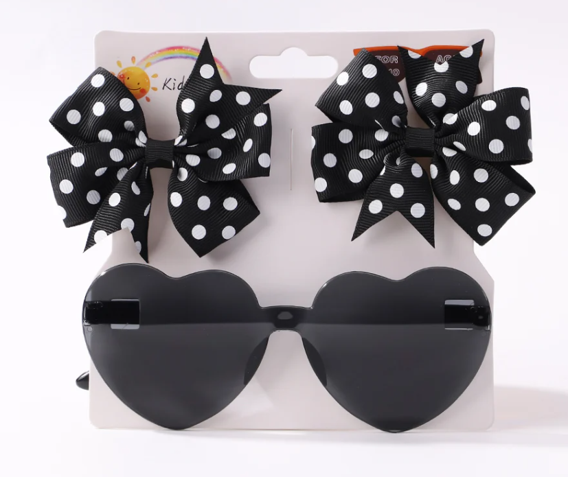 3 Piece Set - Polka Dot Hair Bows With Heart Shaped Sun Glasses