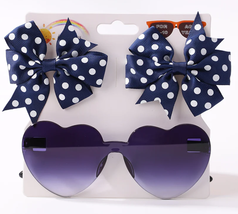 3 Piece Set - Polka Dot Hair Bows With Heart Shaped Sun Glasses