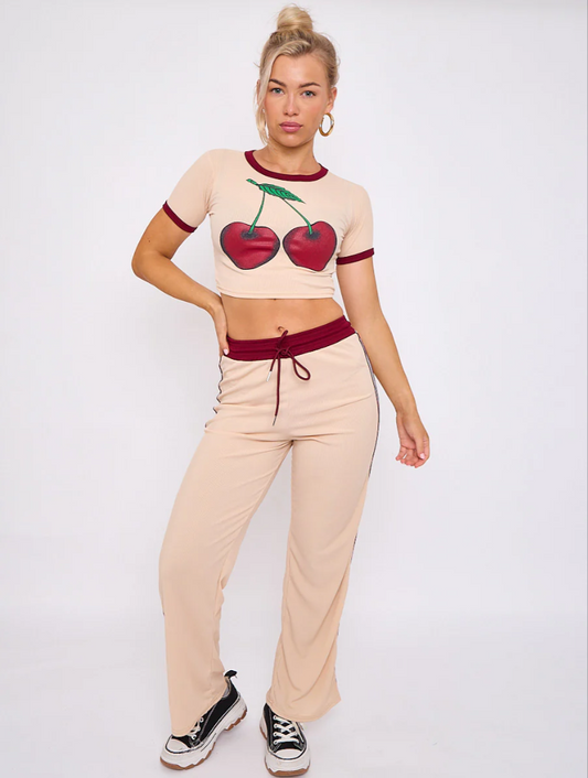 Cherry Graphic Ribbed Crop Top & Wide Leg Trouser Co-ord