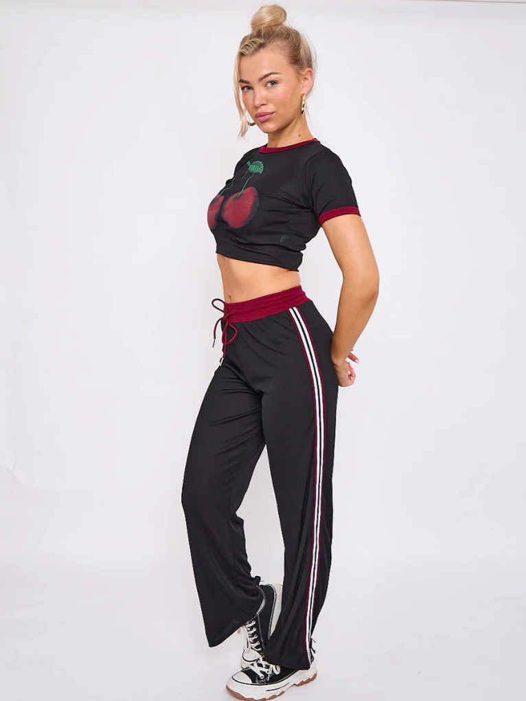 Cherry Graphic Ribbed Crop Top & Wide Leg Trouser Co-ord