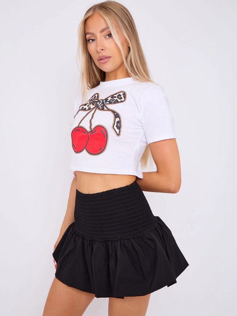 Shirred High Waist Puffball Mini Skirt