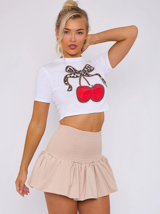 Shirred High Waist Puffball Mini Skirt