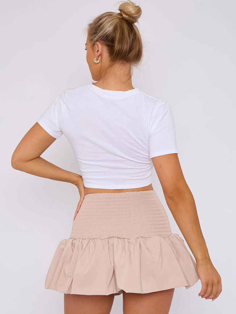 Shirred High Waist Puffball Mini Skirt