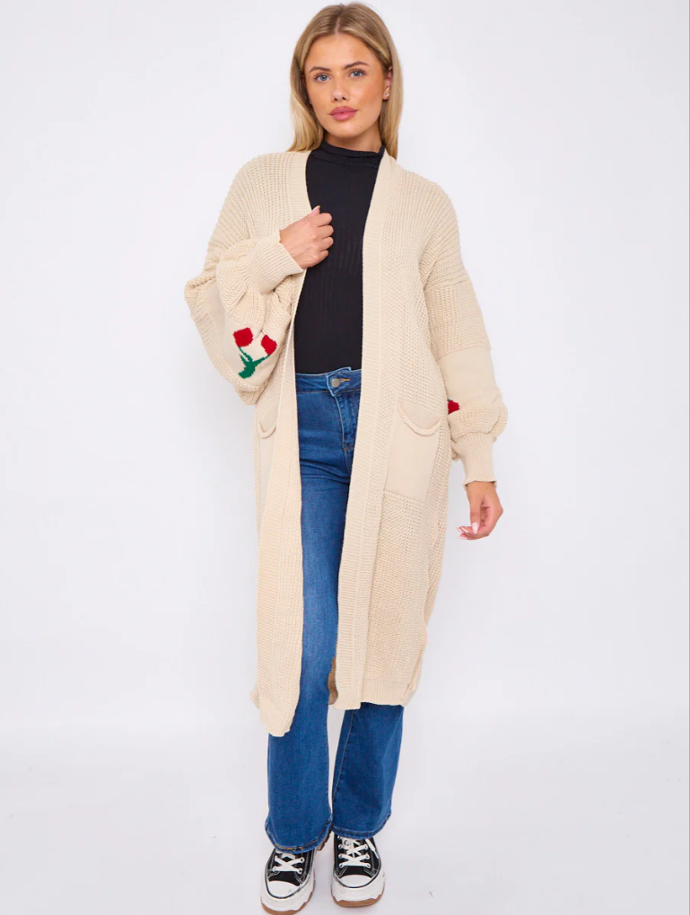 Cherry Detail Balloon Sleeves Knitted Open Cardigan