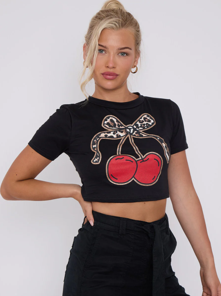 Bow Cherry Graphic Printed Crop Top