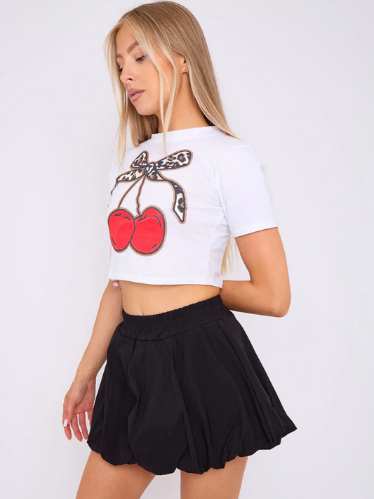 Bow Cherry Graphic Printed Crop Top