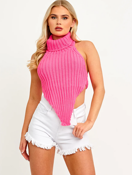 Halter Roll Neck Asymmetric Hem Knitted Crop Top