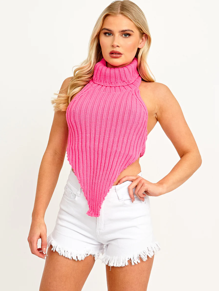 Halter Roll Neck Asymmetric Hem Knitted Crop Top