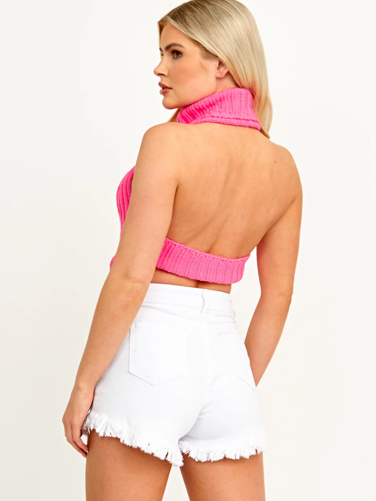 Halter Roll Neck Asymmetric Hem Knitted Crop Top