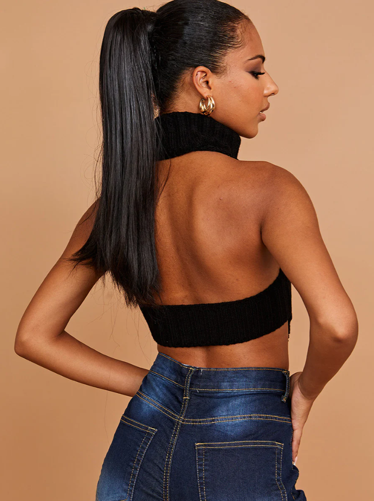 Halter Roll Neck Asymmetric Hem Knitted Crop Top