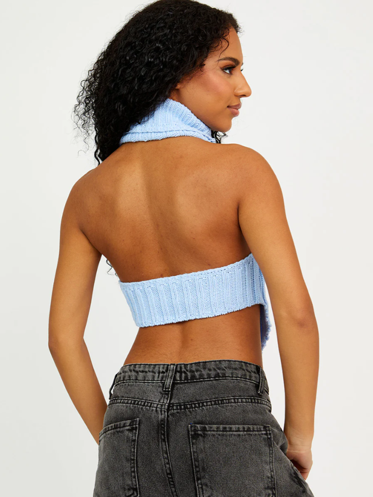 Halter Roll Neck Asymmetric Hem Knitted Crop Top