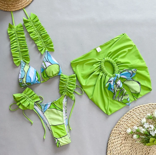 Three Piece Ruffle Bikini With Skirt Set