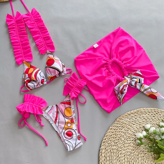 Three Piece Ruffle Bikini With Skirt Set