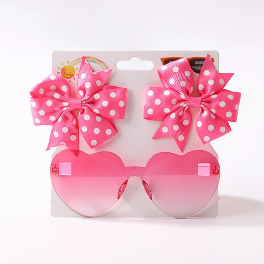 3 Piece Set - Polka Dot Hair Bows With Heart Shaped Sun Glasses